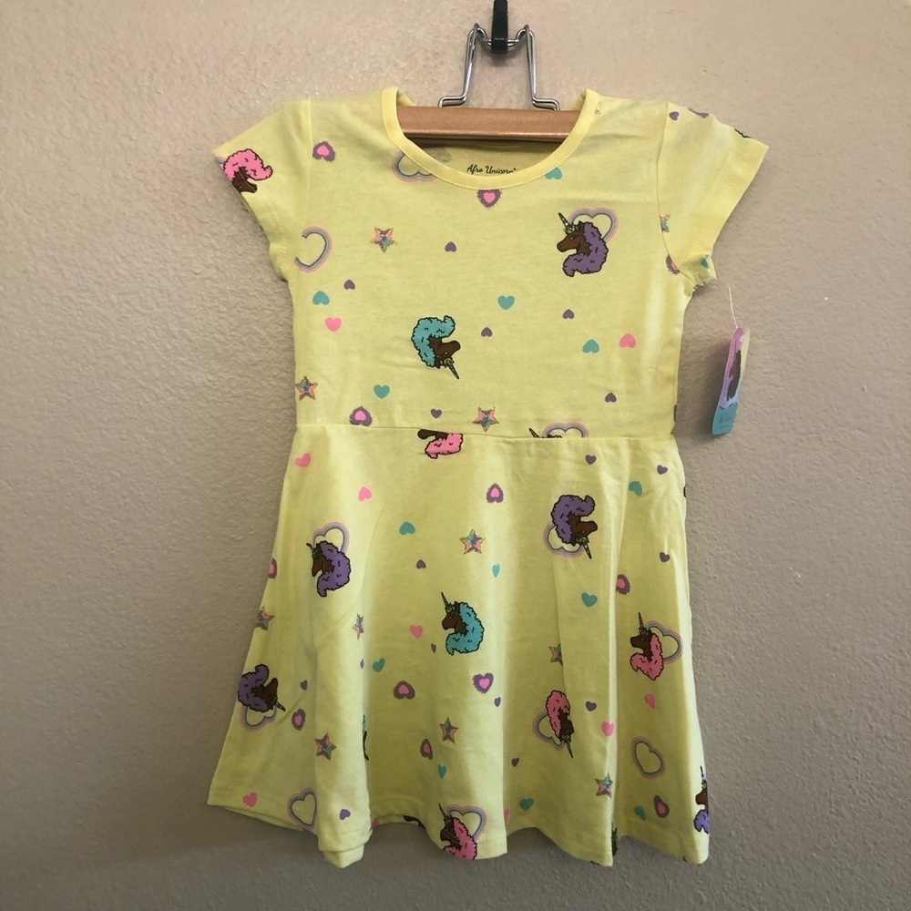 Afro Unicorn Unique Magical Toddler Girls Yellow Print Short Sleeves Dress Sz 4T